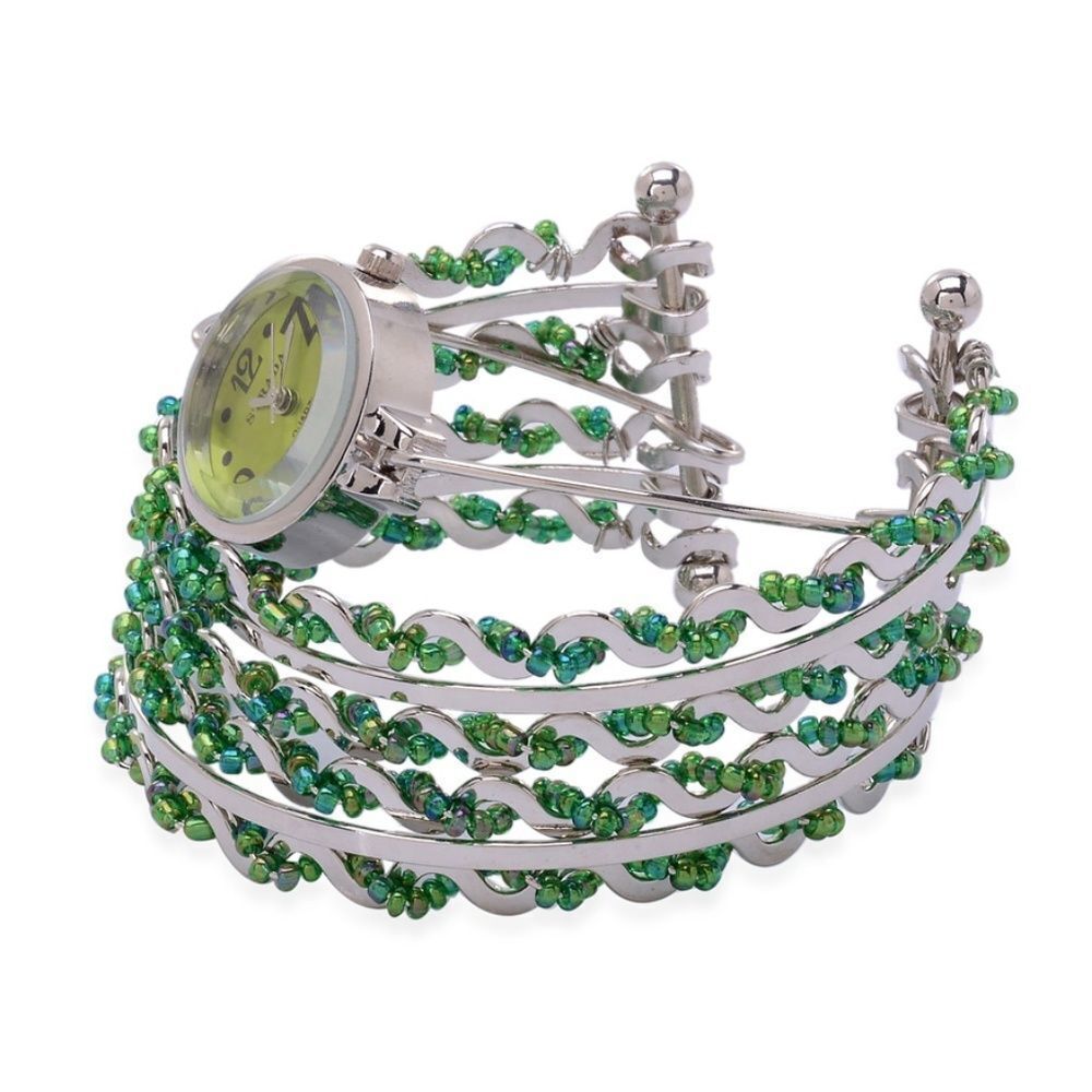 STRADA Cuff Watch With Green Bead - Picture 3 of 4